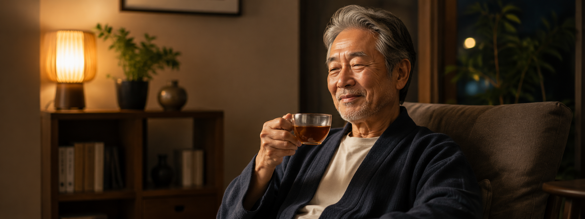 リラックスして茶を楽しむシニア男性