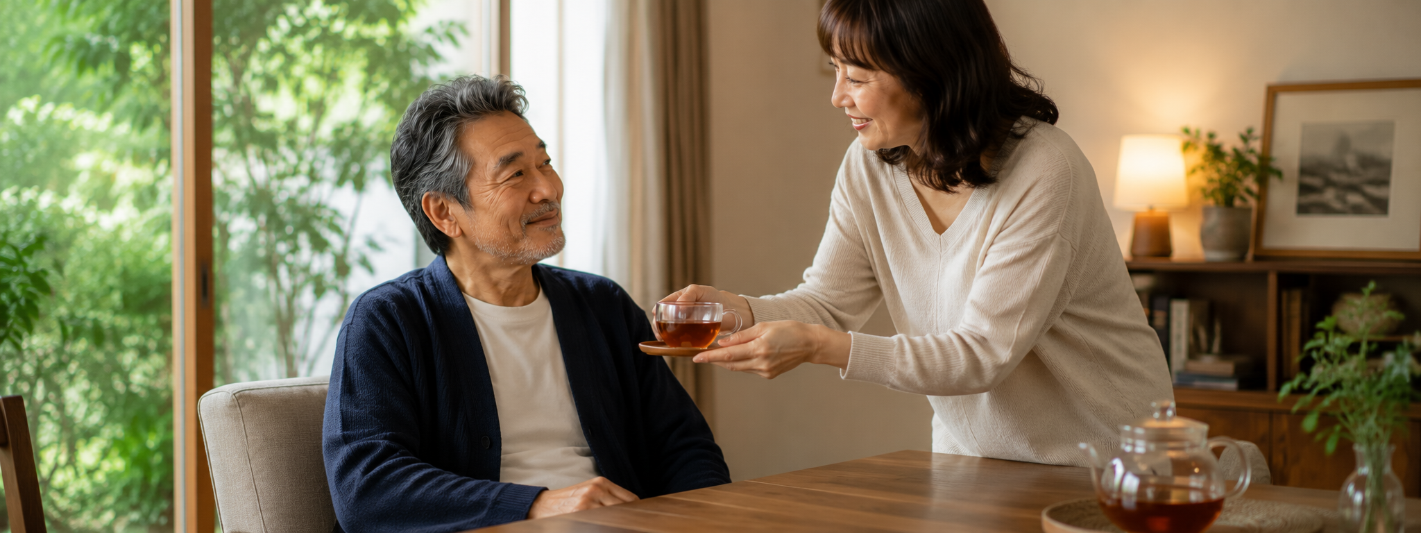妻がお茶を差し出す